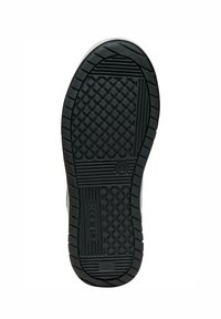 Suola di scarpa in gomma nera con un motivo testurizzato per una presa migliore, caratterizzata da un design geometrico e una sezione liscia vicino al tallone. Include un marchio.