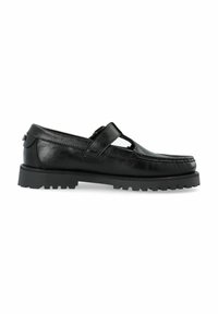 Melnas ādas loafers ar izgriezuma dizainu, aprīkoti ar izturīgu gumijas zoli un teksturētiem akcentiem labākai saķerei. Plakans papēdis, plūstoša forma.