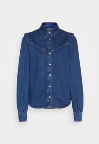 Mörkblå denimskjorta med långa ärmar, knappstängning fram, klassisk krage och skrynkliga axeldetaljer. Har en rundad nederkant och synlig sömnad.