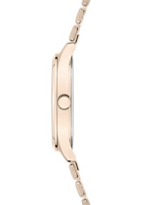 Orologio in oro rosa con cassa rotonda sottile e finitura lucida. Presenta un bracciale a catena liscia e una piccola corona tonda.