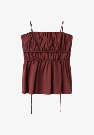 Bordowy top bez rękawów z cienkimi ramiączkami, marszczonymi elastycznymi taśmami na biuście i talii oraz rozszerzanym dołem z dwoma wiązaniami.