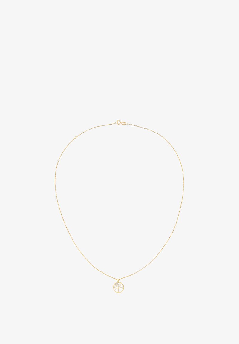 Collar de cadena en tono dorado que presenta un colgante redondo con un diseño de árbol, textura suave y construcción de eslabones delicados.