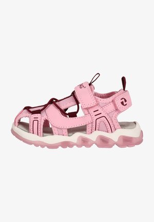 Rosa Sport-Sandale mit atmungsaktivem Mesh-Design, verstellbaren Riemen und einer gepolsterten weißen und rosa Sohle für Komfort und Unterstützung.
