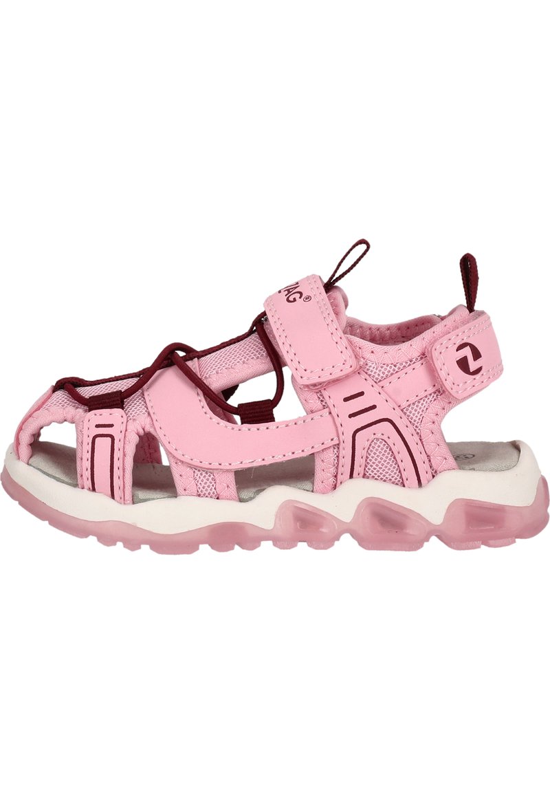 Rosa sportsandaler med en ventilerande meshdesign, justerbara remmar och en vadderad vit och rosa sula för komfort och stöd.