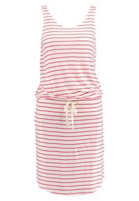 Vaatteet ilman hihoja, jossa on vaaleanpunaisia ja valkoisia raitoja, kiristetty vyötärö narulla, valmistettu pehmeästä ja hengittävästä kankaasta.