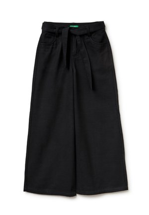 Czarne spodnie o szerokich nogawkach i wysokim stanie, z przednimi kieszeniami, szlufkami na pasek oraz materiałowym paskiem wiązanym w talii.