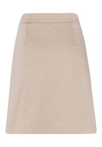 Jupe A-line beige avec une texture lisse, deux poches avant et une taille ajustée. Longueur mi-cuisse sans motifs visibles.