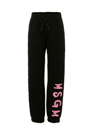 Czarne dresy wykonane z miękkiego materiału, z elastycznym paskiem w talii oraz mankietami. Na lewej nodze znajduje się charakterystyczne różowe logo "MSGM".