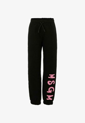 Zwarte sweatpants van zachte stof, met een elastische tailleband en boorden. Opvallend roze "MSGM"-logo afgedrukt op het linkerpoot.