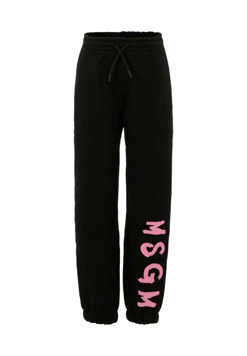 Zwarte sweatpants van zachte stof, met een elastische tailleband en boorden. Opvallend roze "MSGM"-logo afgedrukt op het linkerpoot.