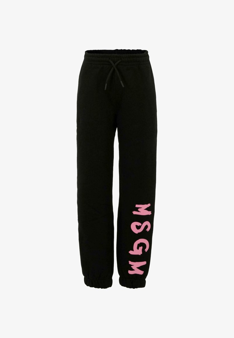 Zwarte sweatpants van zachte stof, met een elastische tailleband en boorden. Opvallend roze "MSGM"-logo afgedrukt op het linkerpoot.