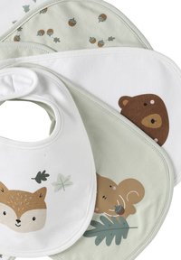 Three baby bibs with woodland designs: smiling fox face, squirrel holding an acorn on green, and brown bear face on white.