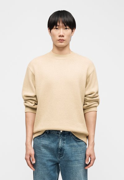 Jeune homme aux cheveux noirs et lisses portant un pull beige aux manches retroussées et un jean bleu, debout devant un arrière-plan clair uni.