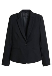 Veste noire en tissu lisse, avec un col à revers cranté, une fermeture à bouton unique et deux poches avant. Coupe ajustée, manches longues.