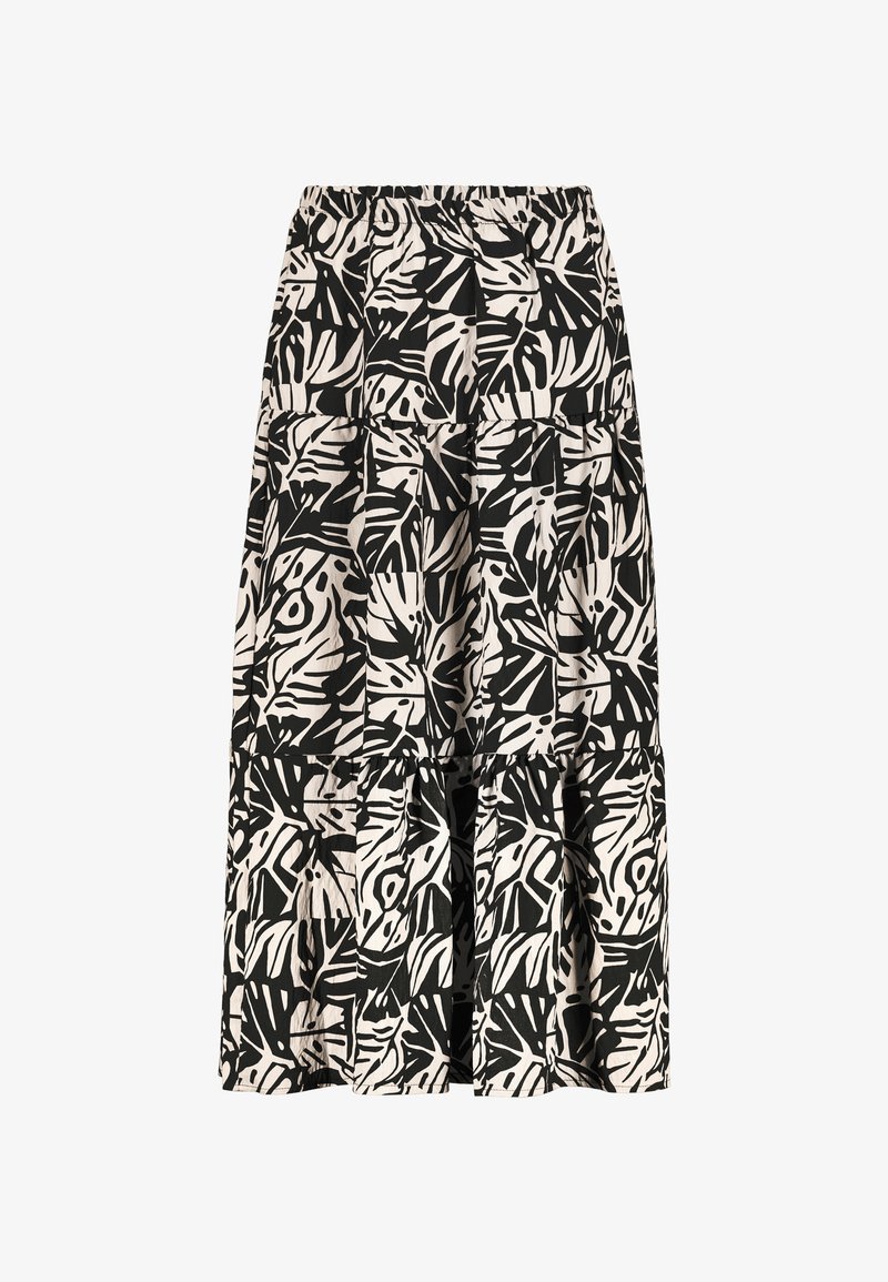 Zwart-witte gestreepte laagjesrok met een elastische tailleband, voorzien van abstracte bladdedesigns op een lichtgewicht stof.