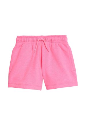 Lyserøde afslappede shorts med elastisk linning og snøre, med to sidelommer på en hvid baggrund.