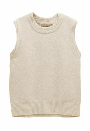 Hellbeige ärmelloser Strickpullover mit geripptem Rundhalsausschnitt und Saum, der eine weiche Textur und ein einfaches, klares Design aufweist.
