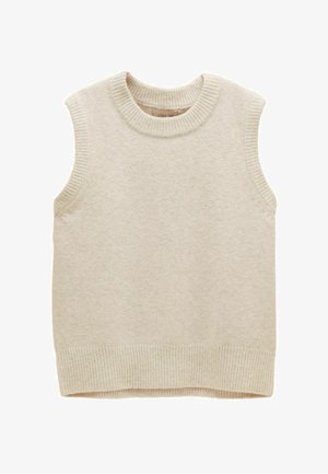 Hellbeige ärmelloser Strickpullover mit geripptem Rundhalsausschnitt und Saum, der eine weiche Textur und ein einfaches, klares Design aufweist.