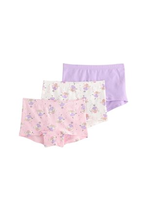 Tre par af stretch bomulds boyshorts: ét solid lyslilla, ét hvidt med tegneserie dyreprint og ét pink med mønstre.