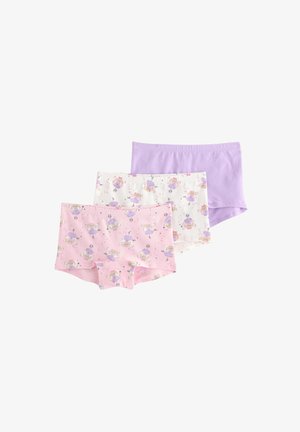 Três pares de boyshorts em algodão stretch: um em roxo claro sólido, um branco com estampas de animais de cartoons, e um rosa com padrões.