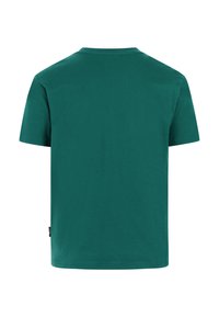 Tričko s krátkým rukávem ze 100% bavlny v jednobarevné zeleno-modré barvě, s kulatým výstřihem, rovnými lemy a malou značkovou cedulkou na boku jako detail.