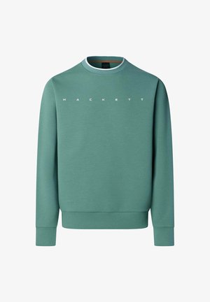 Sweat-shirt vert à col rond avec manches longues et "HACKETT" imprimé en lettres blanches espacées sur la poitrine.