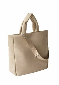 Borsa a tracolla beige con design strutturato, doppi manici spessi e tracolla regolabile. Realizzata in materiale liscio con un sottile dettaglio di branding.
