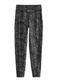 Leggings neri con un motivo astratto argento caratterizzato da disegni circolari, tasche laterali e dettagli testuali "Mai. Stato. Vestito."