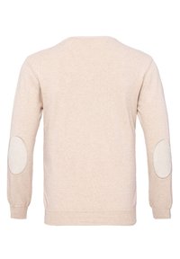Beige gebreide trui met lange mouwen, ronde hals en elleboogstukken in een lichtere tint. Zachte textuur en geribbelde manchetten en zoom.