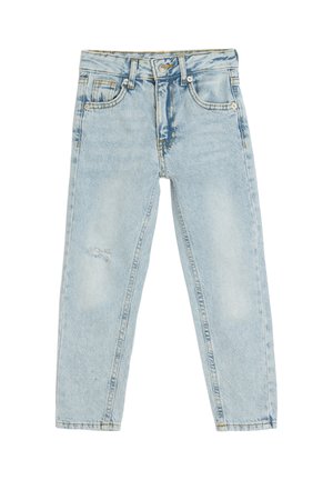 Lyst blå denimjeans med lige ben, der har slidte områder, let slid, en frontknaplukning og fem lommer.