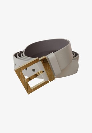 White leather belt with a glossy texture, featuring a square gold-tone buckle with a textured surface and a smooth inner lining.