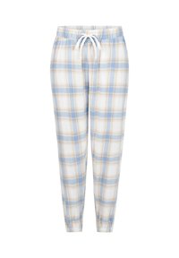 Lichte geruite pyjamabroek in blauw, beige en wit. Zacht materiaal, elastische tailleband met trekkoord en elastische manchetten.