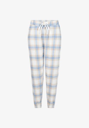 Lichte geruite pyjamabroek in blauw, beige en wit. Zacht materiaal, elastische tailleband met trekkoord en elastische manchetten.