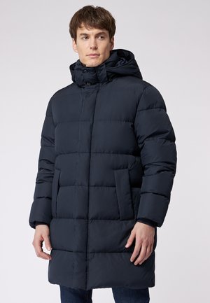 Navy puffer coat with a hood, featuring a quilted design, front pockets, and a high collar. Made of smooth, lightweight material.