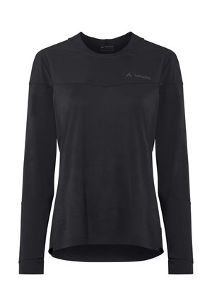 Schwarzes langärmeliges Sportshirt mit rundem Ausschnitt, subtilm Tarnmuster und kleinem grauem Vaude-Logo auf der oberen Brust.