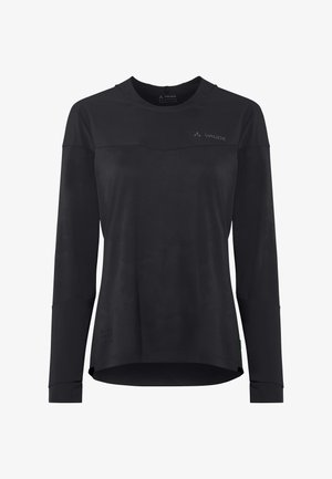 Schwarzes langärmeliges Sportshirt mit rundem Ausschnitt, subtilm Tarnmuster und kleinem grauem Vaude-Logo auf der oberen Brust.