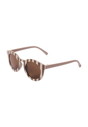 Round sunglasses with brown lenses and beige-and-brown vertical striped frame and solid beige arms.