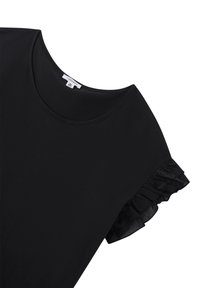Top nero con scollatura a barca e maniche a volant trasparenti. Il materiale sembra liscio con una leggera lucentezza, senza motivi visibili o decorazioni.