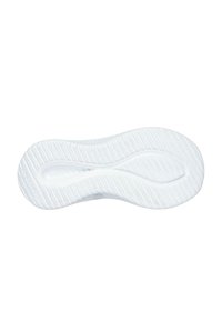Suela blanca de una zapatilla con un patrón texturizado que presenta surcos y crestas para mejor tracción; marca en relieve en el lateral.