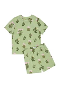 Set di top e pantaloni corti a maniche corte in cotone con motivo di cactus verde chiaro, caratterizzato da vari disegni di cactus con fiori rosa e una vestibilità comoda.