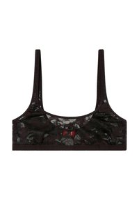 Bralette in pizzo nero con spalline larghe e scollo arrotondato. Presenta un motivo floreale sottile e un piccolo dettaglio con logo rosso sul davanti.