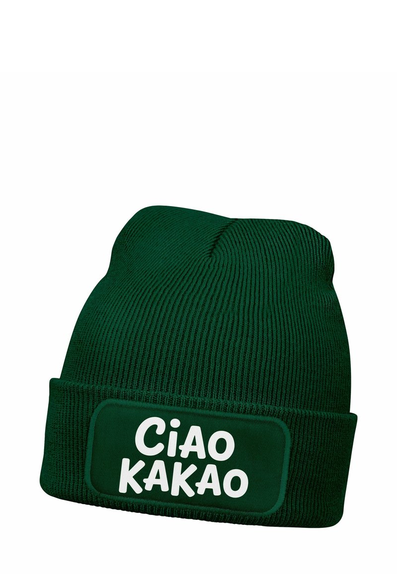 Green knit beanie with ribbed texture, featuring a rectangular patch that reads "Ciao Kakao" in bold white letters.