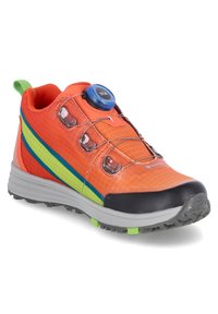 Trail running shoes in bright orange, featuring a textured mesh upper, Boa lacing system, and green and blue accent stripes. Durable sole.