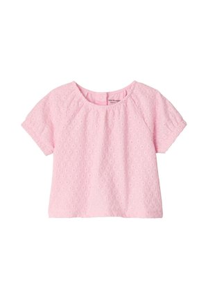 Light pink short-sleeve baby blouse with floral eyelet texture, gathered neckline, and elastic sleeve ends, designed for 6 months old.