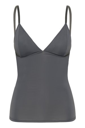 Bralette grigio senza cuciture con spalline sottili regolabili, scollo a V e tessuto liscio ed elastico. Design minimalista, senza ornamenti.