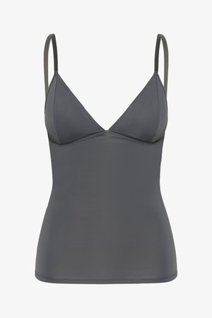 Gray seamless bralette with adjustable spaghetti straps, a V-neckline, and smooth, stretchy fabric. Minimalist design, no embellishments.