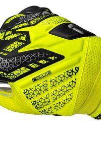 Gelb leuchtender Torwarthandschuh mit schwarzem, strukturiertem sechseckigem Muster, gepolstertem Handgelenkschutz und belüfteten Mesh-Bereichen für Atmungsaktivität.