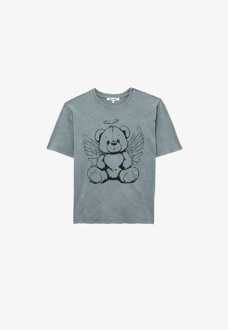 Graafinen t-paita haalistuneessa teal-värissä. Keskessä rintapuolella musta ääriviivakuvaus sulkastä teddy-karhusta, jolla on siivet ja halo.