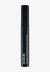 Schwarzer Mascara-Tube mit glatter, glänzender Oberfläche. Mit weißem Text "BABOR NATURAL SEPARATION & CURL MASCARA". Zylindrisches Design.