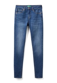 Tajta jeans i mörkblå denim med en slät textur, fem fickor, subtila blekningar och kontrasterande sömmar längs sömmarna.